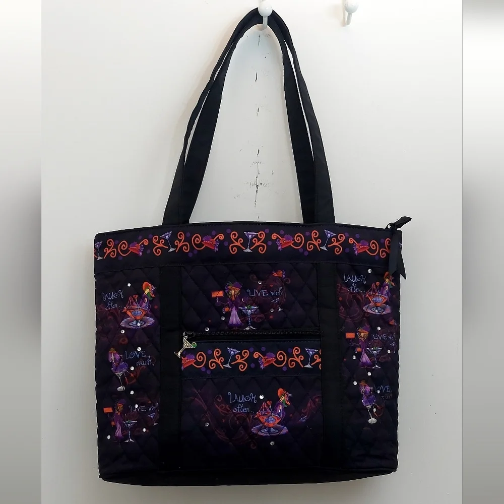 The Bradford Exchange Totes with Tude Quilted Black Purple Wine Glasses Tote Bag